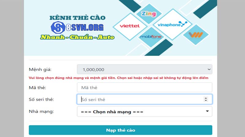 Sử dụng thẻ cào điện thoại nạp tiền 8s